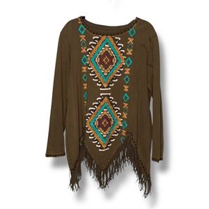 Double D Ranch Top Womens Medium Brown Southwest Embroidered Fringe Excellent